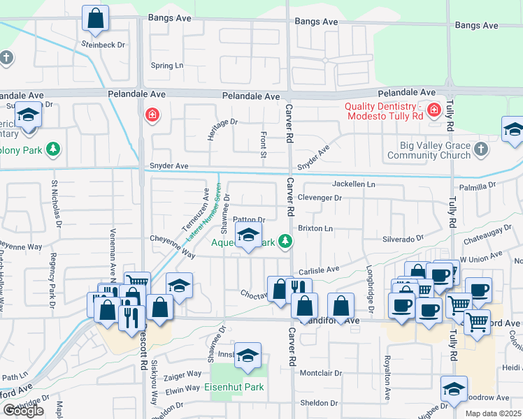 map of restaurants, bars, coffee shops, grocery stores, and more near 1732 Volendam Avenue in Modesto