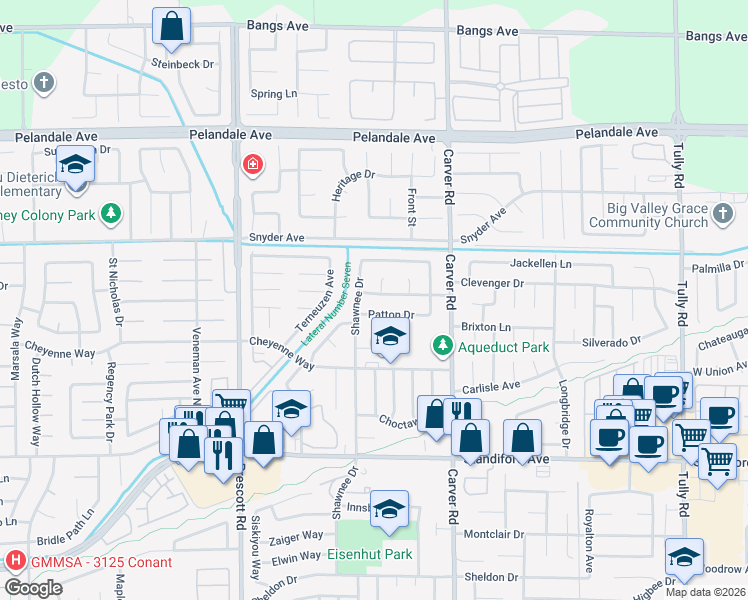 map of restaurants, bars, coffee shops, grocery stores, and more near 1824 Volendam Avenue in Modesto
