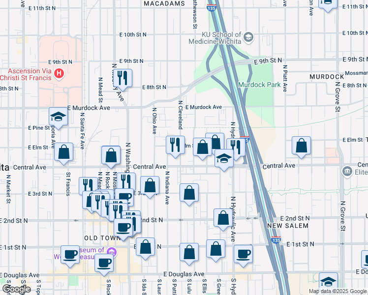map of restaurants, bars, coffee shops, grocery stores, and more near 1406 E Elm St in Wichita