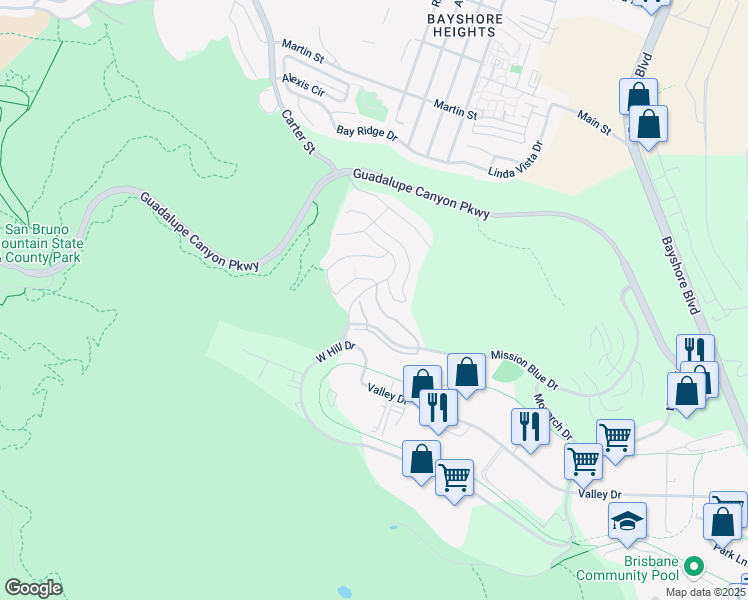 map of restaurants, bars, coffee shops, grocery stores, and more near 615 Callippe Ct in Brisbane