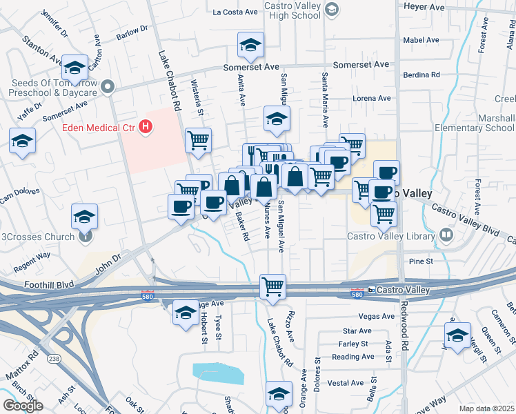 map of restaurants, bars, coffee shops, grocery stores, and more near 20852 Baker Road in Castro Valley