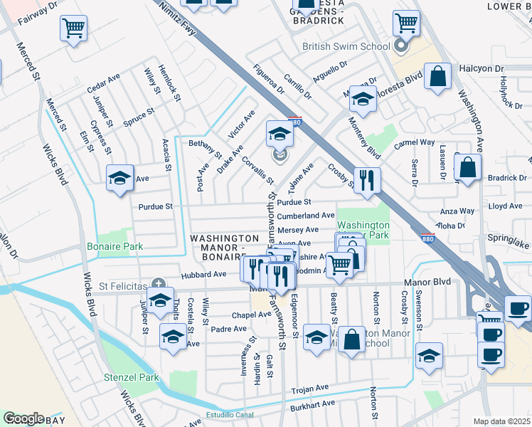 map of restaurants, bars, coffee shops, grocery stores, and more near 14835 Farnsworth Street in San Leandro