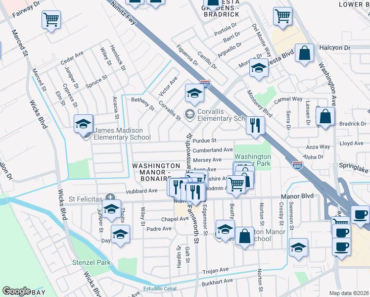 map of restaurants, bars, coffee shops, grocery stores, and more near 14835 Farnsworth Street in San Leandro