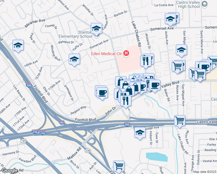 map of restaurants, bars, coffee shops, grocery stores, and more near 2449 Riffel Court in Castro Valley