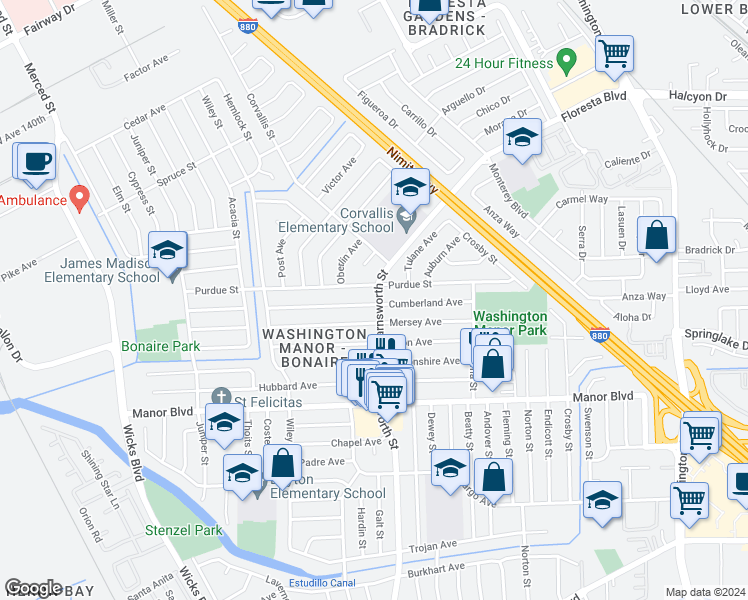 map of restaurants, bars, coffee shops, grocery stores, and more near 14835 Farnsworth Street in San Leandro