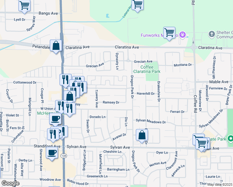 map of restaurants, bars, coffee shops, grocery stores, and more near 605 Wendy Court in Modesto