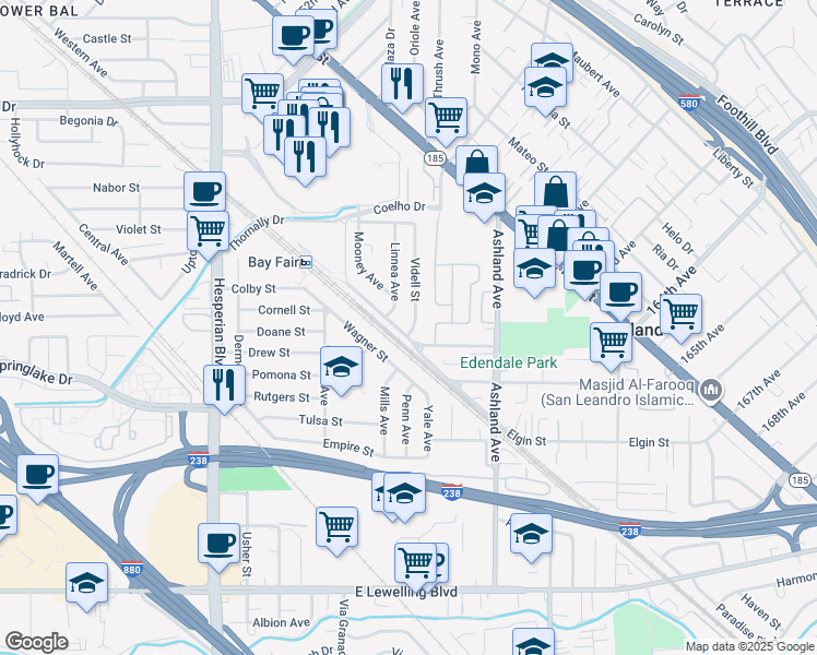 map of restaurants, bars, coffee shops, grocery stores, and more near 710 Videll Street in San Lorenzo