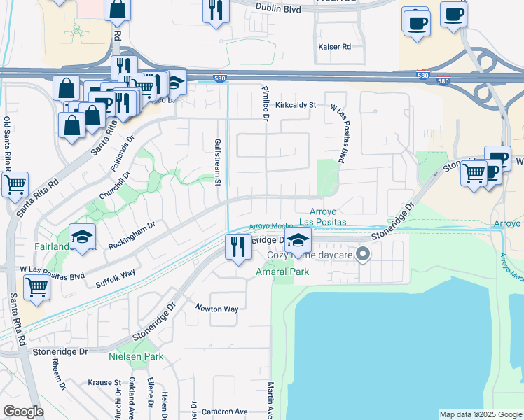 map of restaurants, bars, coffee shops, grocery stores, and more near 2910 Yorkshire Court in Pleasanton