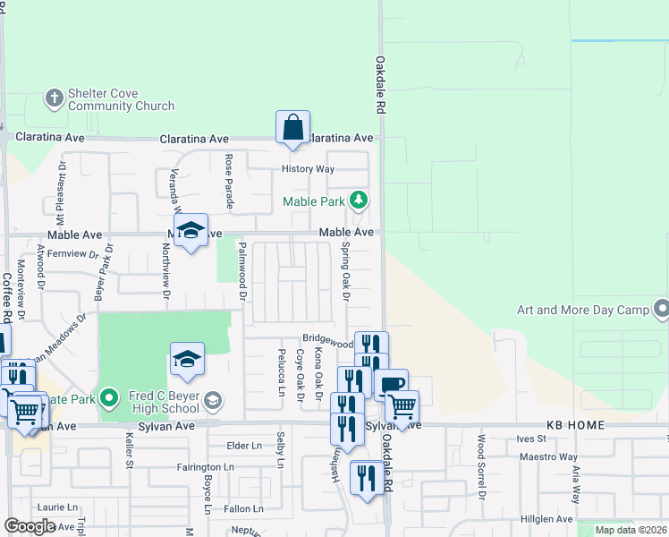 map of restaurants, bars, coffee shops, grocery stores, and more near 3917 Spring Oak Drive in Modesto