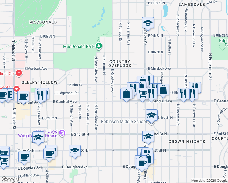 map of restaurants, bars, coffee shops, grocery stores, and more near 534 North Crestway Street in Wichita