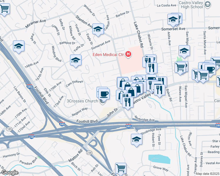 map of restaurants, bars, coffee shops, grocery stores, and more near 2449 Riffel Court in Castro Valley
