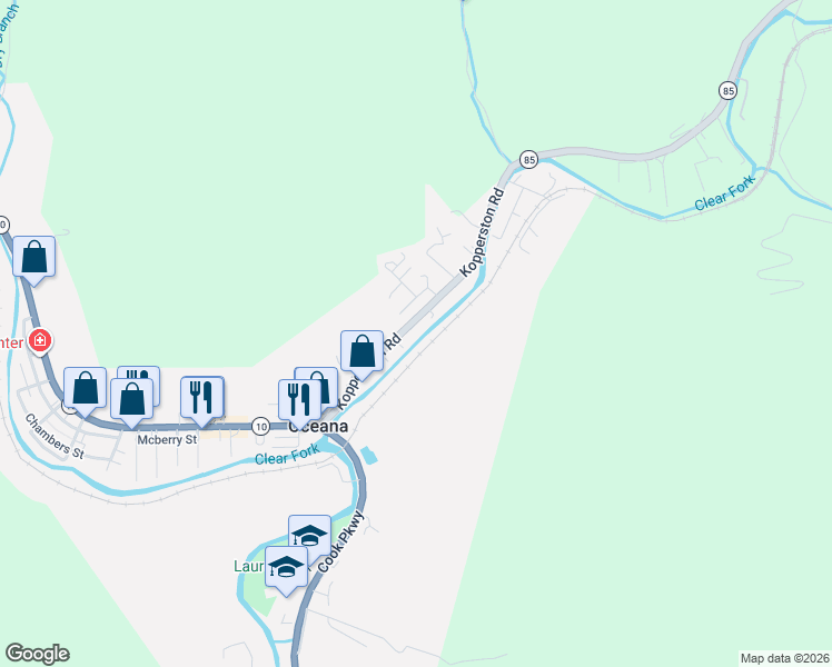map of restaurants, bars, coffee shops, grocery stores, and more near 120 Kopperston Road in Oceana