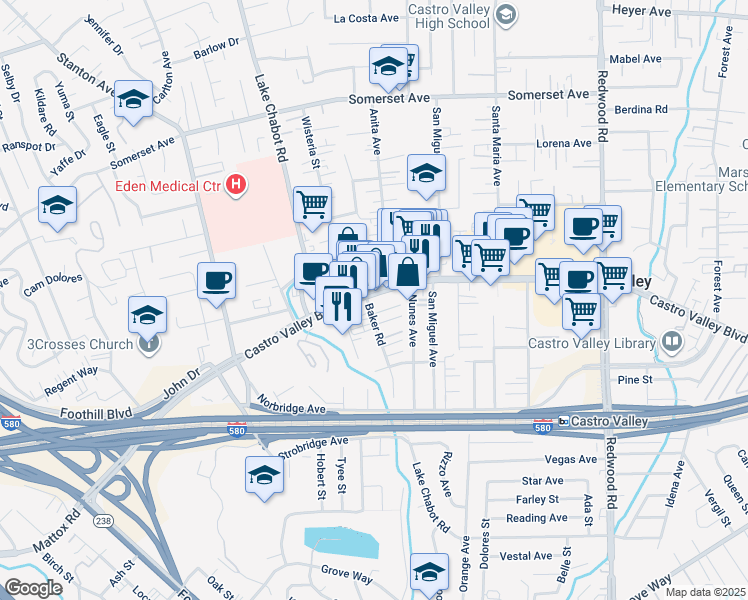map of restaurants, bars, coffee shops, grocery stores, and more near 2837 Castro Valley Boulevard in Castro Valley