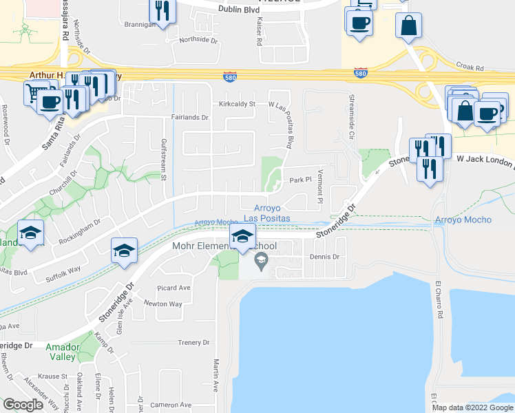 map of restaurants, bars, coffee shops, grocery stores, and more near 2903 Lethbridge Court in Pleasanton