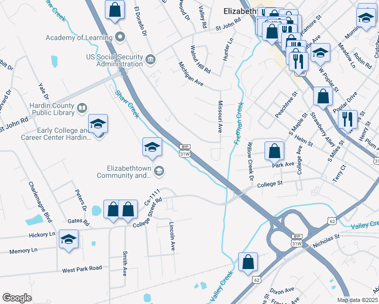 map of restaurants, bars, coffee shops, grocery stores, and more near Elizabethtown Bypass in Elizabethtown