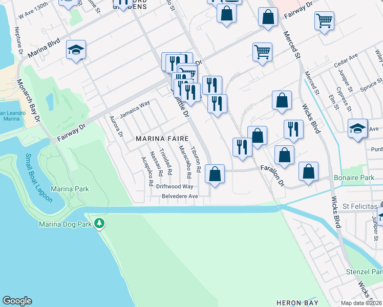 map of restaurants, bars, coffee shops, grocery stores, and more near 14283 Tiburon Road in San Leandro