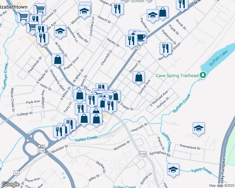 map of restaurants, bars, coffee shops, grocery stores, and more near 210 North Main Street in Elizabethtown