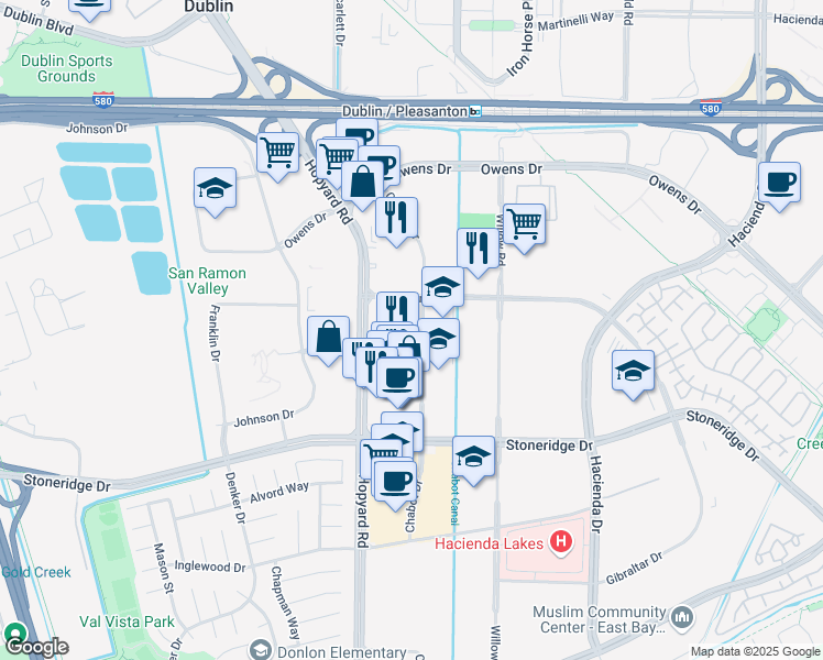 map of restaurants, bars, coffee shops, grocery stores, and more near 4682 Chabot Drive in Pleasanton