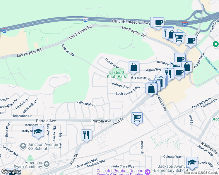 map of restaurants, bars, coffee shops, grocery stores, and more near 549 Highland Street in Livermore