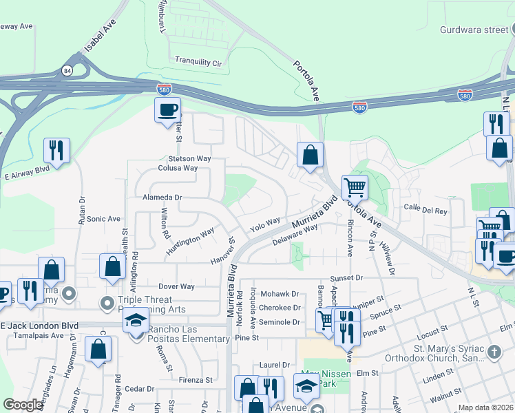 map of restaurants, bars, coffee shops, grocery stores, and more near 1622 Placer Circle in Livermore