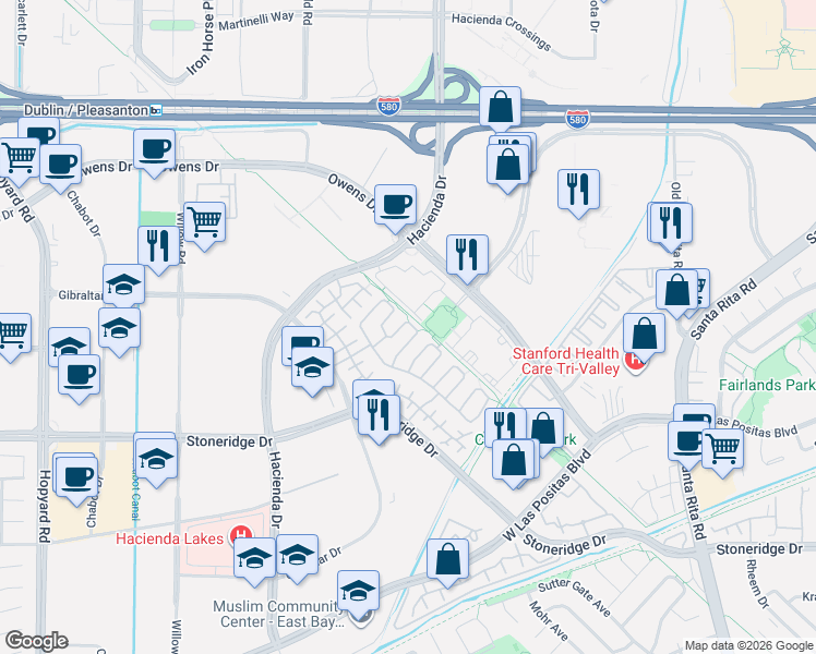 map of restaurants, bars, coffee shops, grocery stores, and more near 5219 Genovesio Drive in Pleasanton
