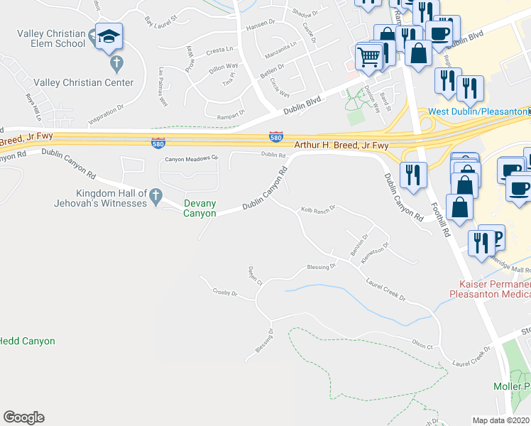 map of restaurants, bars, coffee shops, grocery stores, and more near 11249 Dublin Canyon Road in Pleasanton