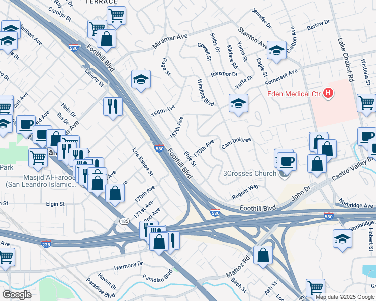 map of restaurants, bars, coffee shops, grocery stores, and more near 16918 Ehle Street in San Leandro
