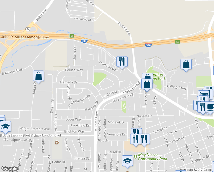 map of restaurants, bars, coffee shops, grocery stores, and more near 1622 Placer Circle in Livermore