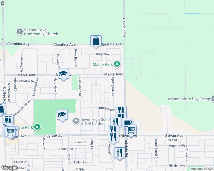map of restaurants, bars, coffee shops, grocery stores, and more near 3913 Moana Way in Modesto
