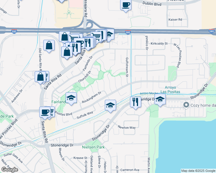 map of restaurants, bars, coffee shops, grocery stores, and more near 3232 Flemington Court in Pleasanton