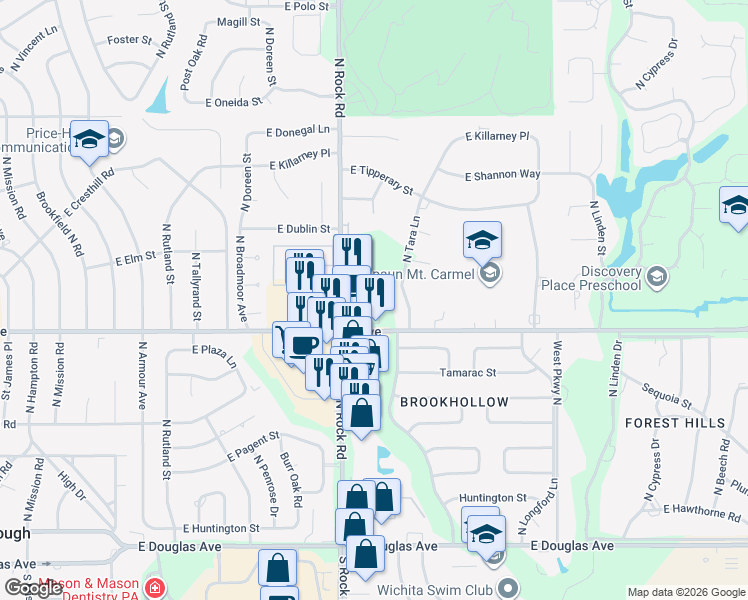 map of restaurants, bars, coffee shops, grocery stores, and more near 8080 East Central Avenue in Wichita