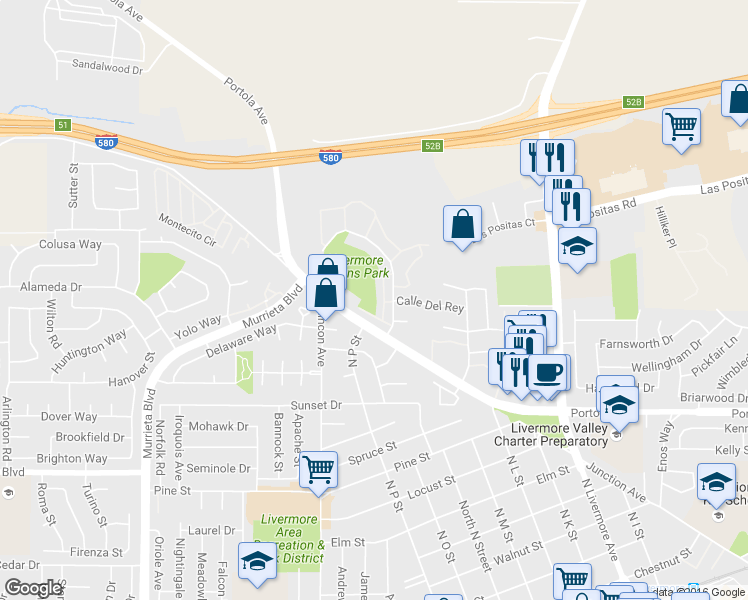 map of restaurants, bars, coffee shops, grocery stores, and more near 1504 Calle Del Rey in Livermore