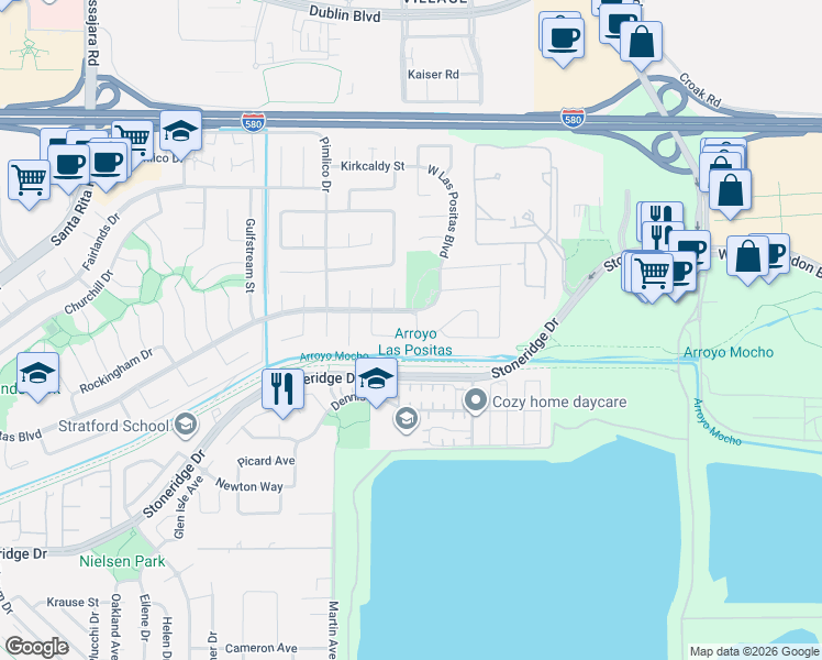 map of restaurants, bars, coffee shops, grocery stores, and more near 2903 Lethbridge Court in Pleasanton