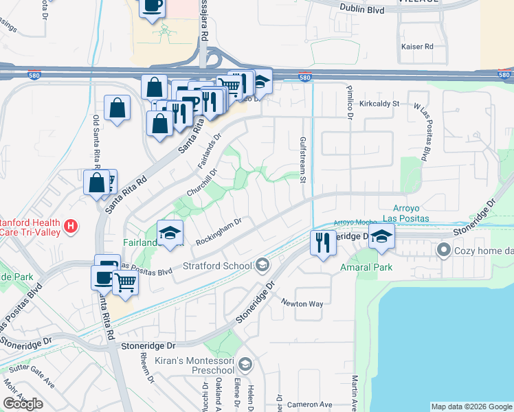 map of restaurants, bars, coffee shops, grocery stores, and more near 3239 Runnymede Court in Pleasanton
