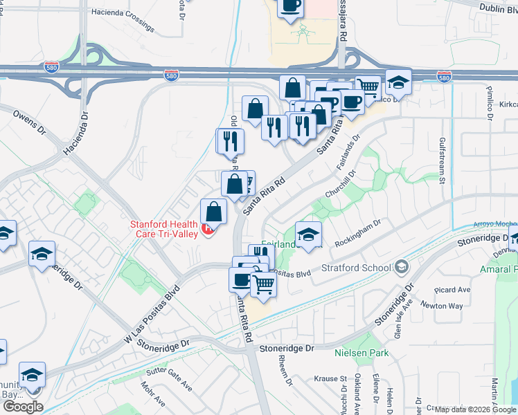 map of restaurants, bars, coffee shops, grocery stores, and more near 3541 Churchill Court in Pleasanton