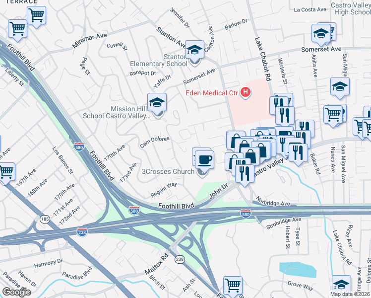 map of restaurants, bars, coffee shops, grocery stores, and more near 20032 John Drive in Castro Valley