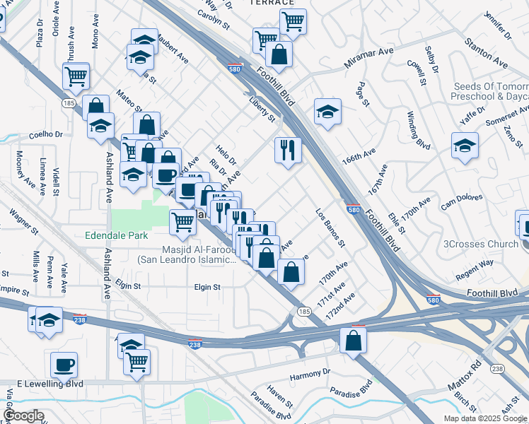 map of restaurants, bars, coffee shops, grocery stores, and more near 1530 165th Avenue in San Leandro