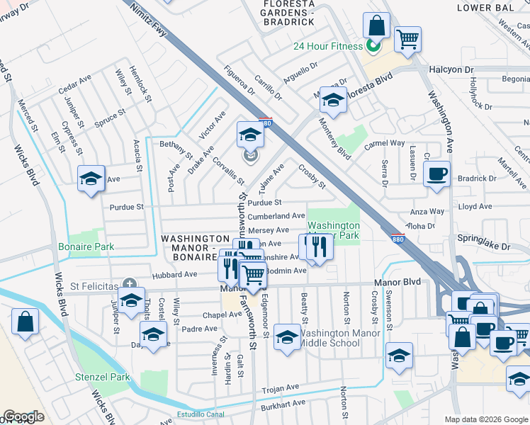 map of restaurants, bars, coffee shops, grocery stores, and more near 1159 Cumberland Avenue in San Leandro