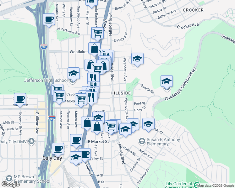 map of restaurants, bars, coffee shops, grocery stores, and more near 673 Hillside Boulevard in Daly City