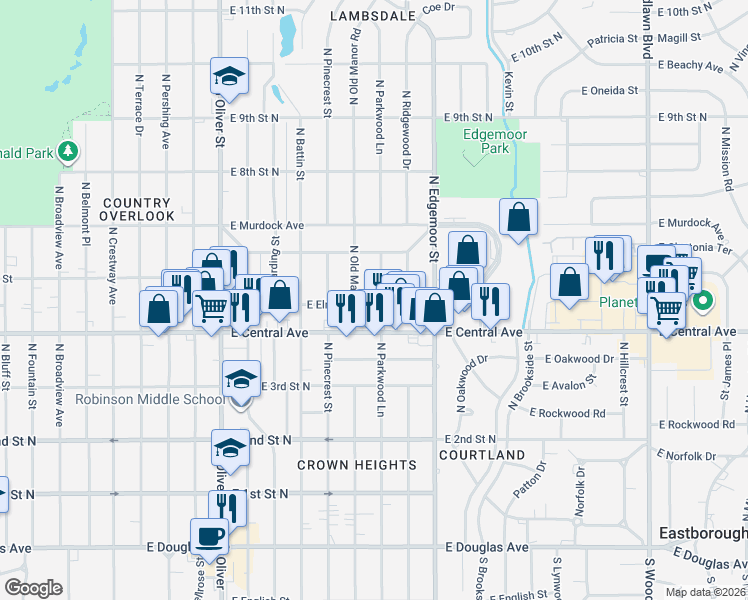 map of restaurants, bars, coffee shops, grocery stores, and more near 608 North Parkwood Lane in Wichita