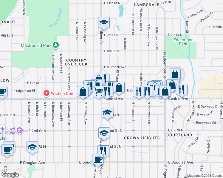 map of restaurants, bars, coffee shops, grocery stores, and more near 619 North Glendale Street in Wichita