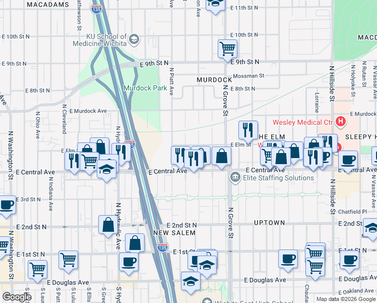 map of restaurants, bars, coffee shops, grocery stores, and more near 545 North Madison Avenue in Wichita