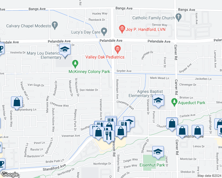 map of restaurants, bars, coffee shops, grocery stores, and more near 2101 Ottawa Court in Modesto