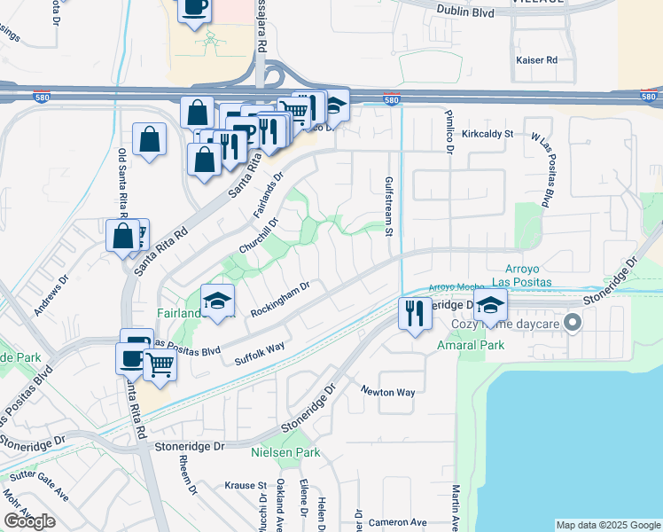 map of restaurants, bars, coffee shops, grocery stores, and more near 3232 Flemington Court in Pleasanton