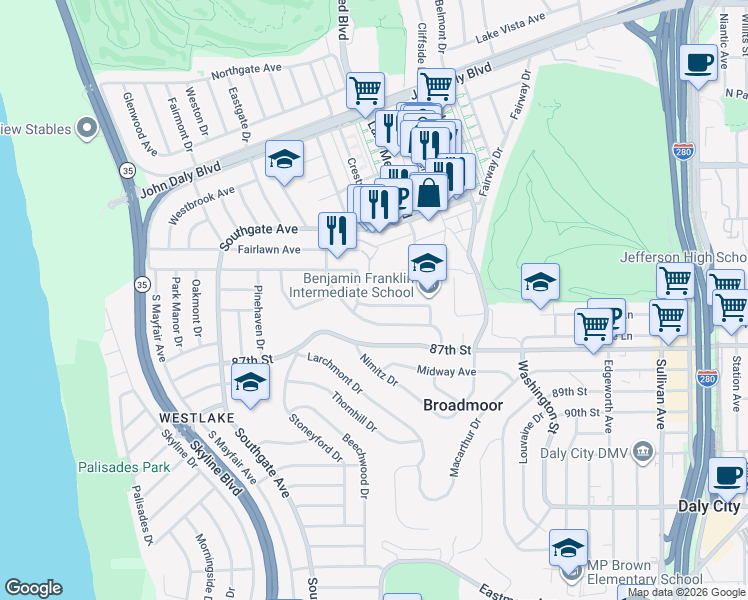 map of restaurants, bars, coffee shops, grocery stores, and more near 768 Stewart Avenue in Daly City