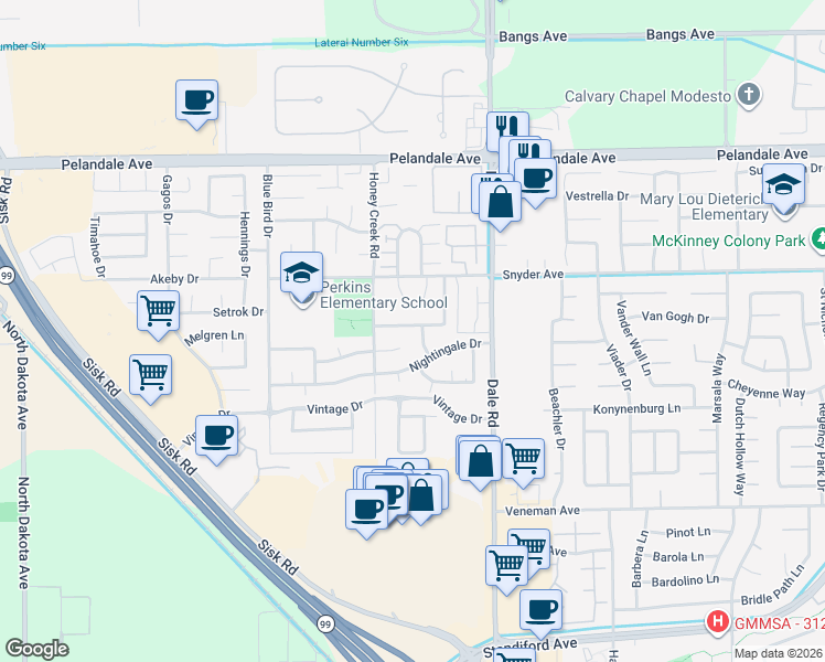 map of restaurants, bars, coffee shops, grocery stores, and more near 3104 Golden Eagle Lane in Modesto