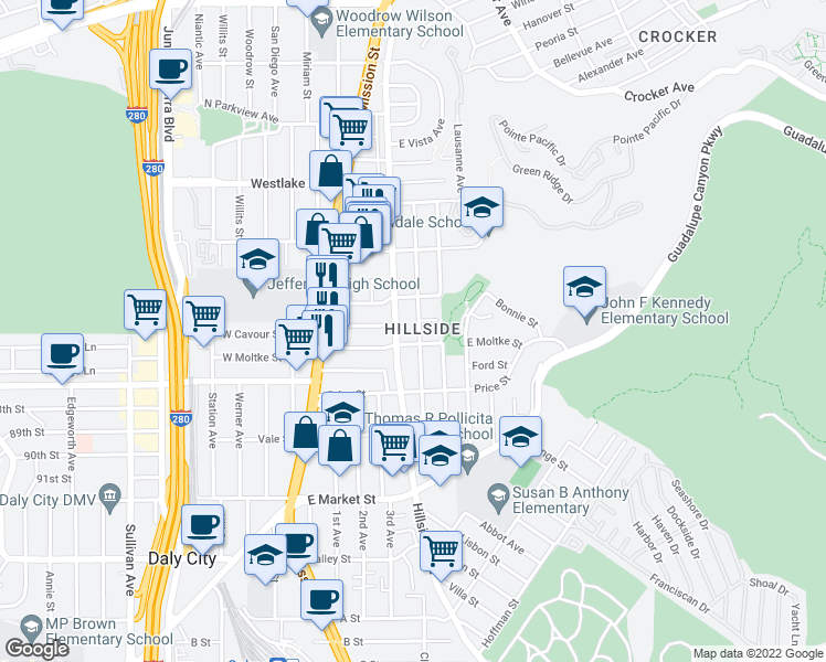 map of restaurants, bars, coffee shops, grocery stores, and more near 673 Hillside Boulevard in Daly City