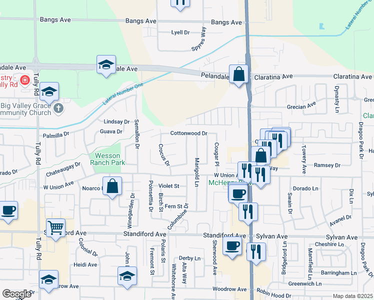 map of restaurants, bars, coffee shops, grocery stores, and more near 605 Aralia Court in Modesto
