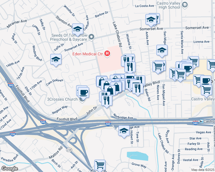 map of restaurants, bars, coffee shops, grocery stores, and more near 20444 Stanton Avenue in Castro Valley