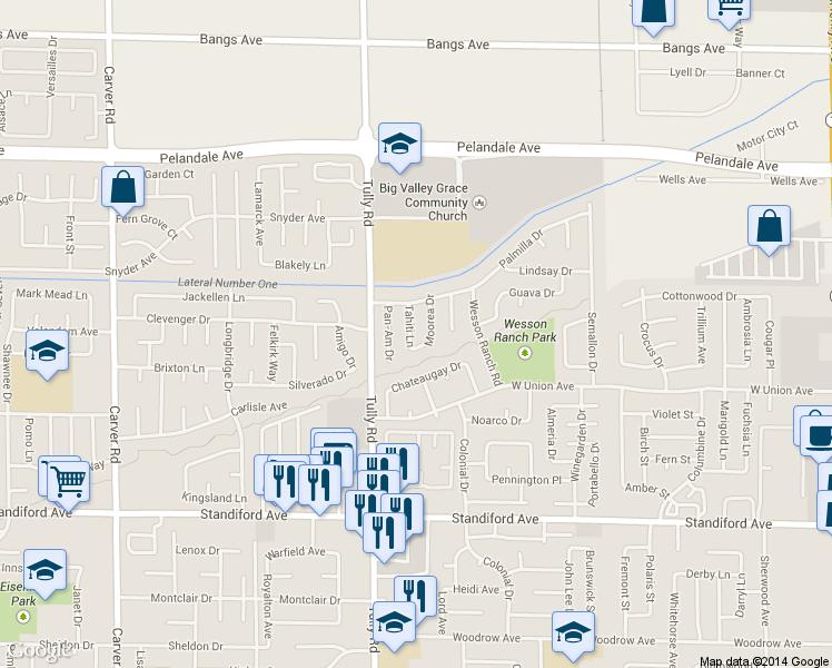 map of restaurants, bars, coffee shops, grocery stores, and more near 3828 Tahiti Ln in Modesto